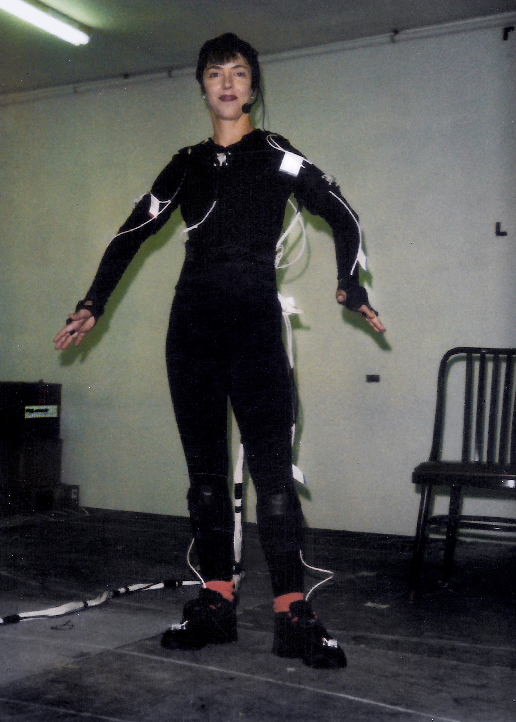 Cathy Sorbo wearing a Motion Capture Harness for controlling MTV's Cathy Sorbet's Spectaculon character.